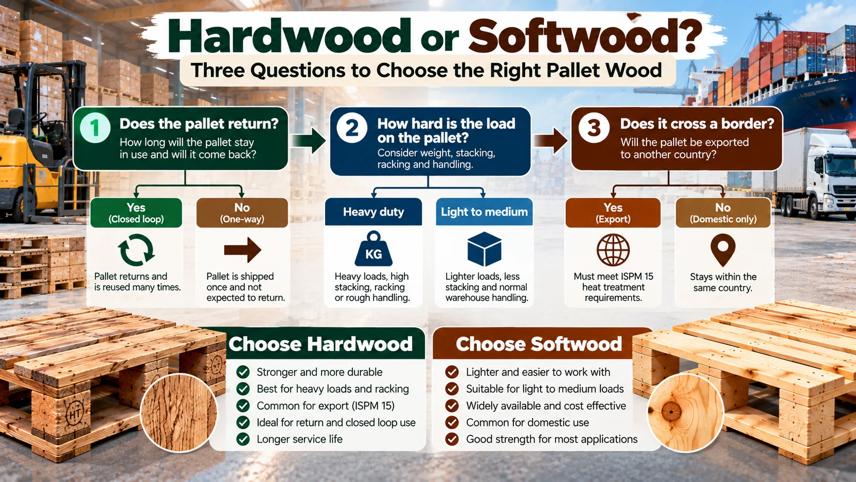 Decision flow showing how the journey, the load and the border crossing decide whether you choose hardwood or softwood
