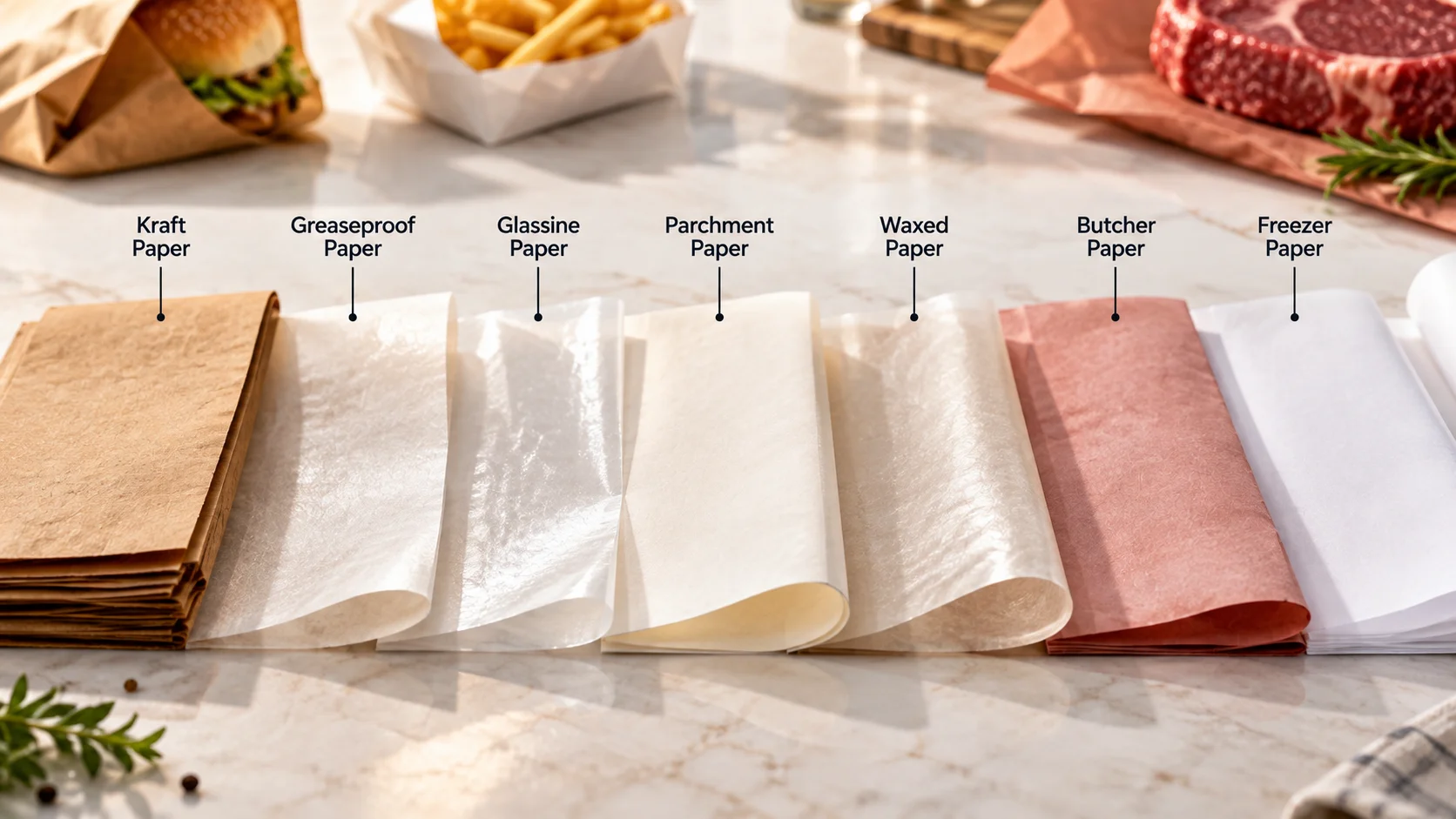 Kraft, greaseproof, glassine, parchment, waxed, butcher and freezer paper laid side by side to show how food packaging papers differ in color and finish