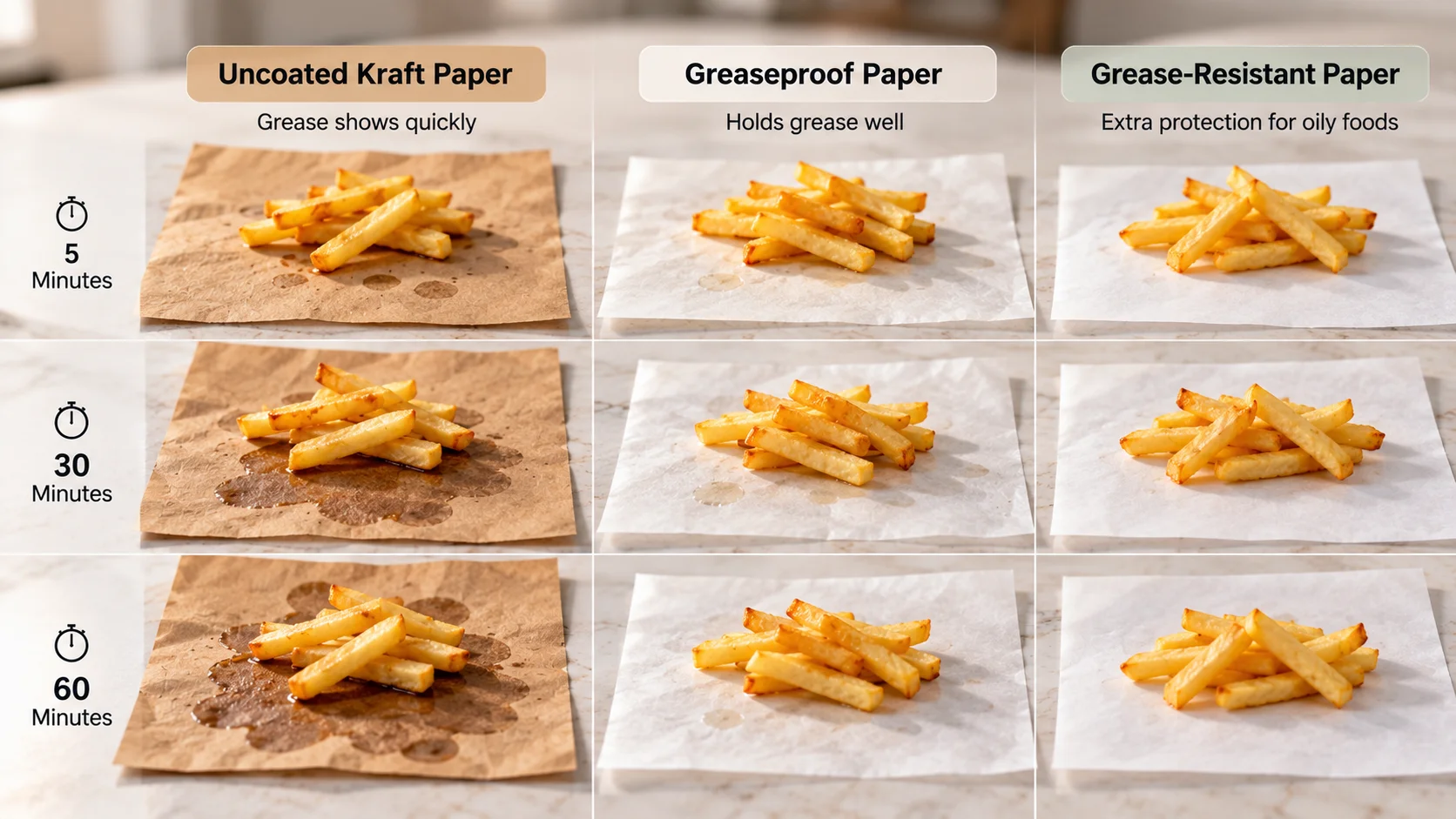 Grease test comparing uncoated kraft, greaseproof and grease-resistant paper after the same oily food sat on each sheet
