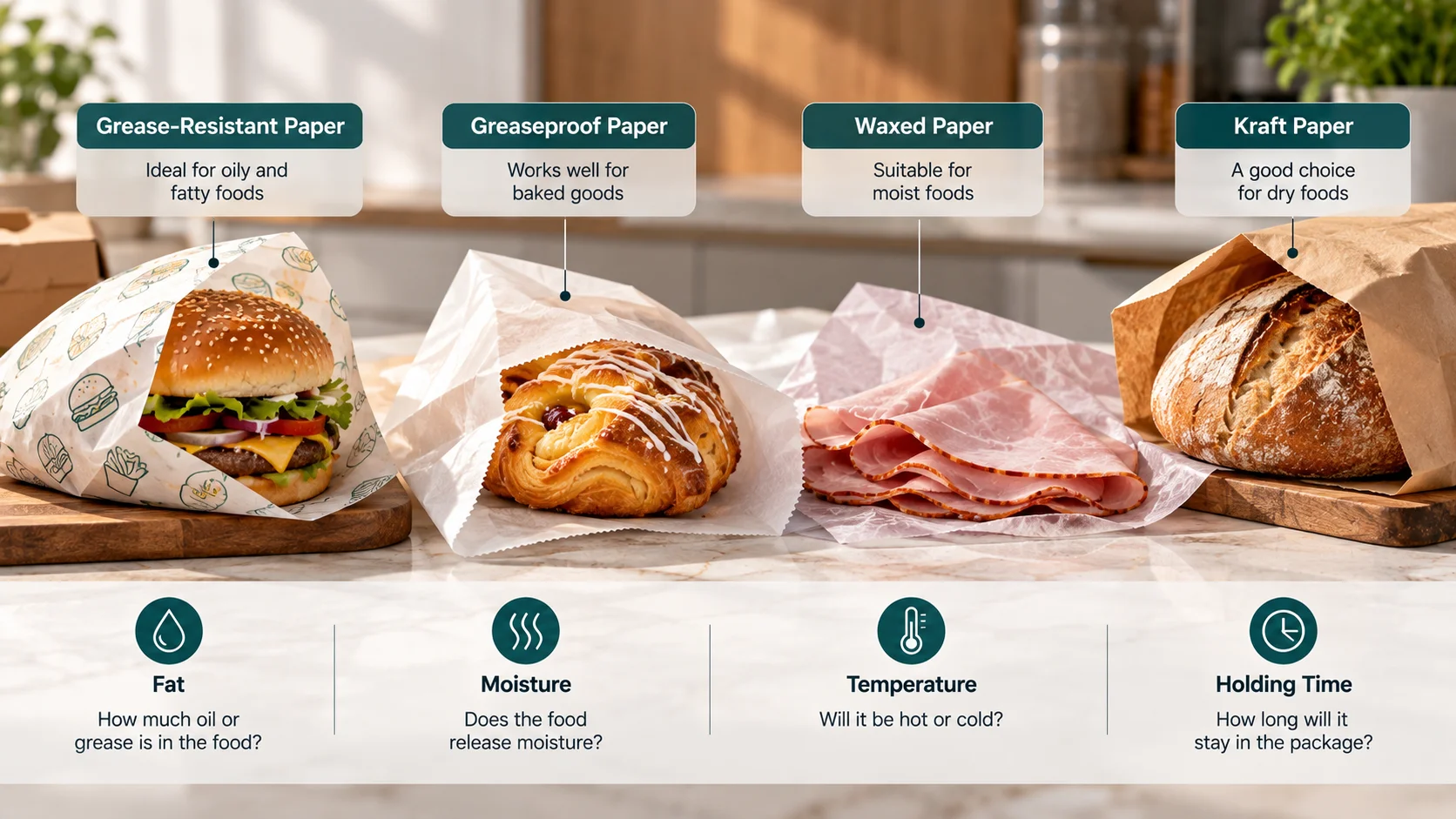 Burger in grease-resistant wrap, pastry in a greaseproof bag, deli meat in waxed paper and bread in a kraft bag showing paper matched to each food