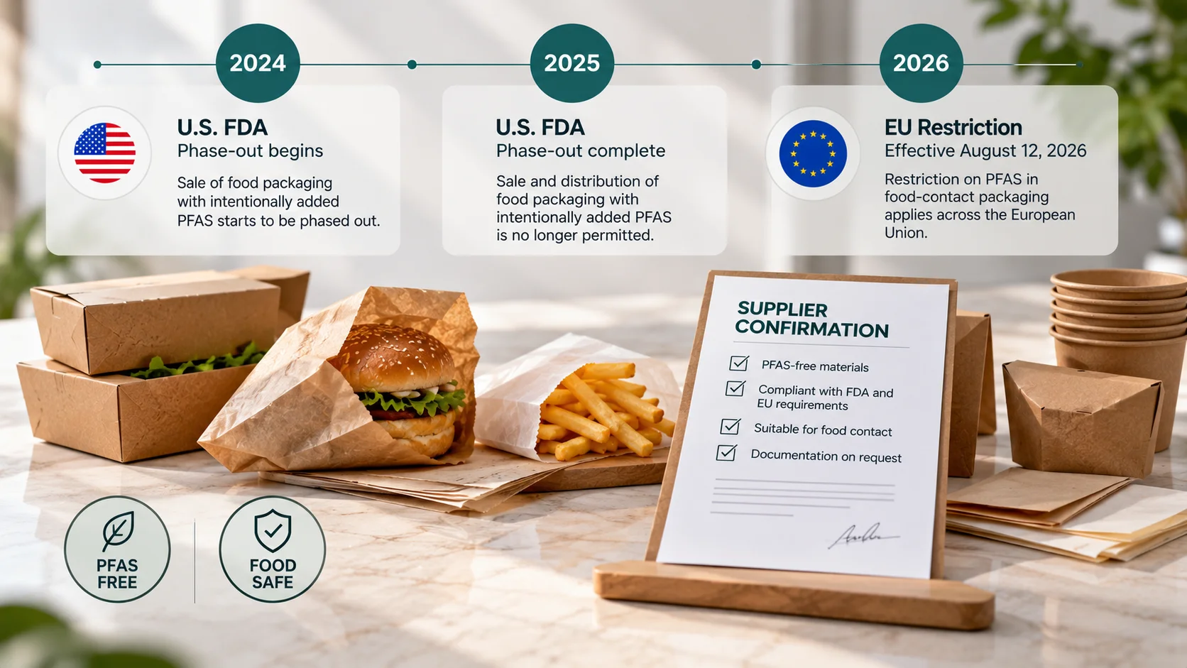 Timeline of PFAS rules for food packaging paper showing the FDA phase-out in 2024 and 2025 and the EU restriction from August 12, 2026