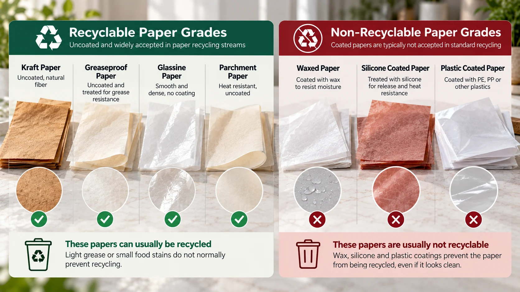 Food packaging papers sorted into recyclable uncoated grades and non-recyclable waxed, silicone and plastic-coated grades