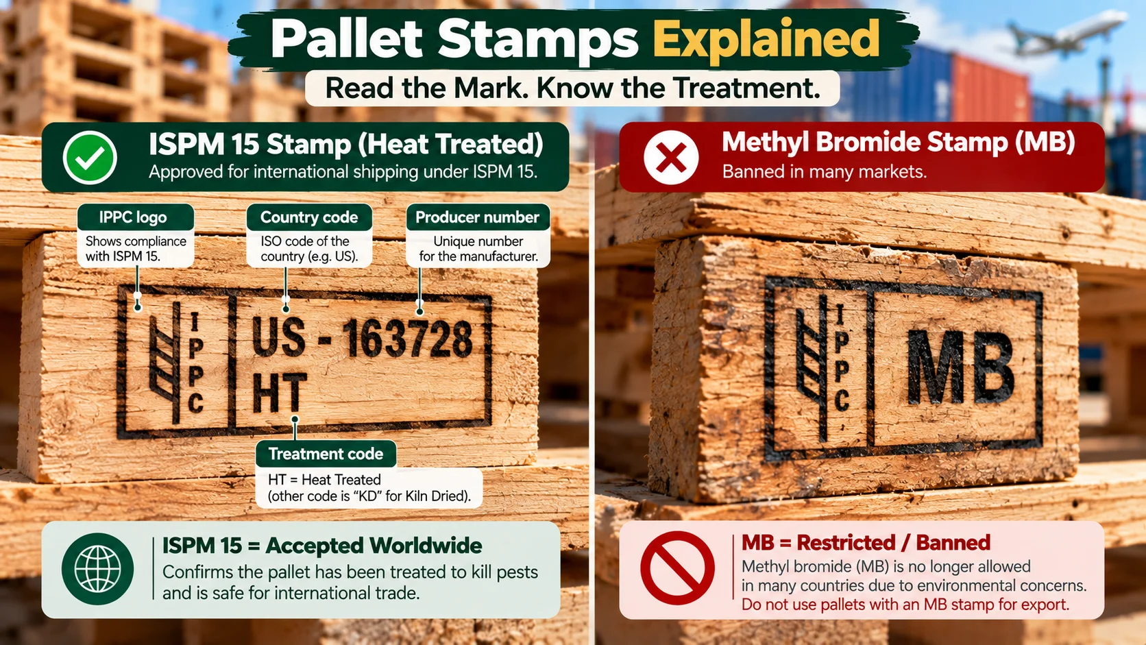 An ISPM 15 pallet stamp with each part labeled, beside a methyl bromide stamp marked as banned in many markets