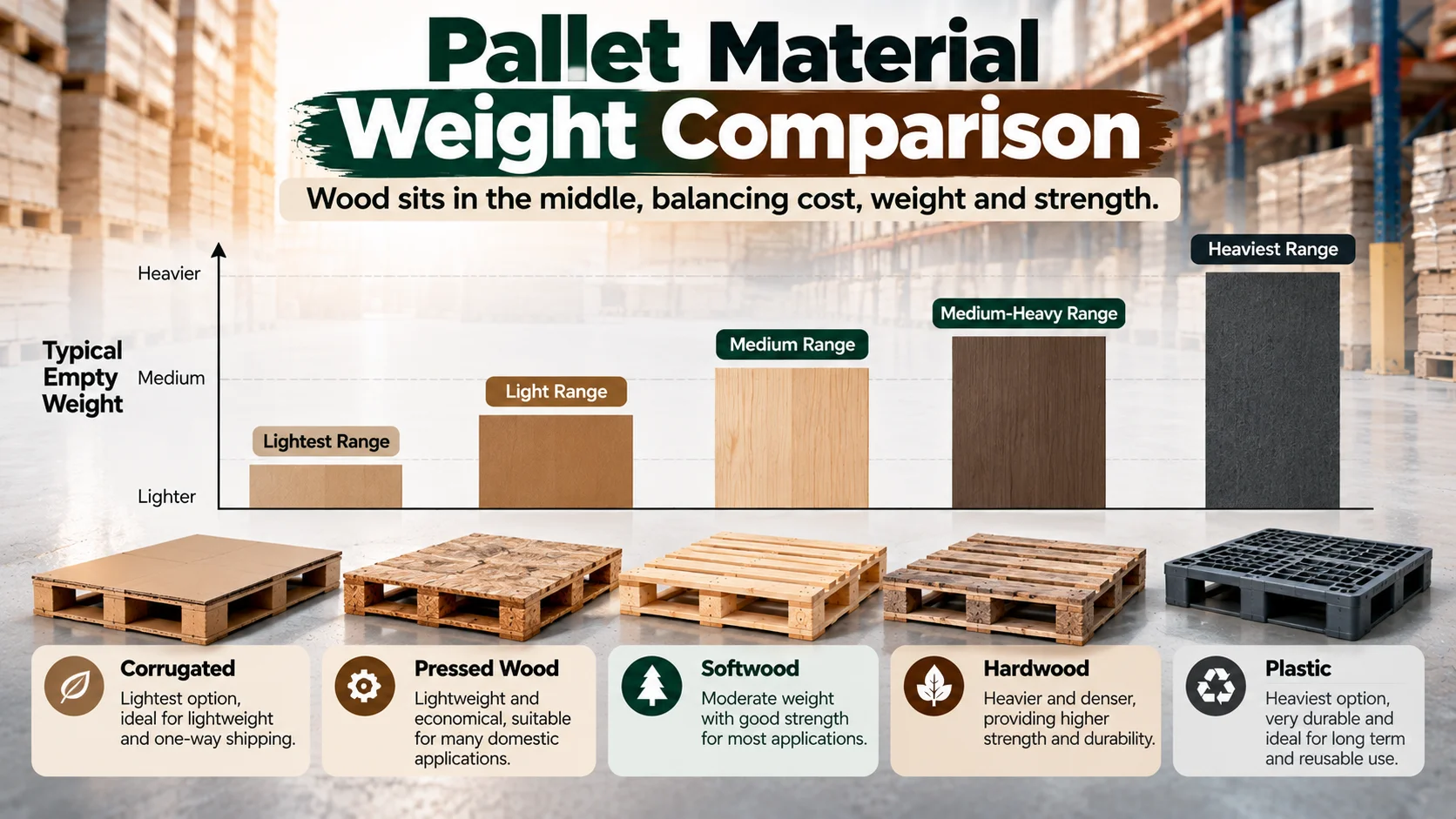 Bar chart comparing the typical empty weight of corrugated, pressed wood, softwood, hardwood and plastic pallets