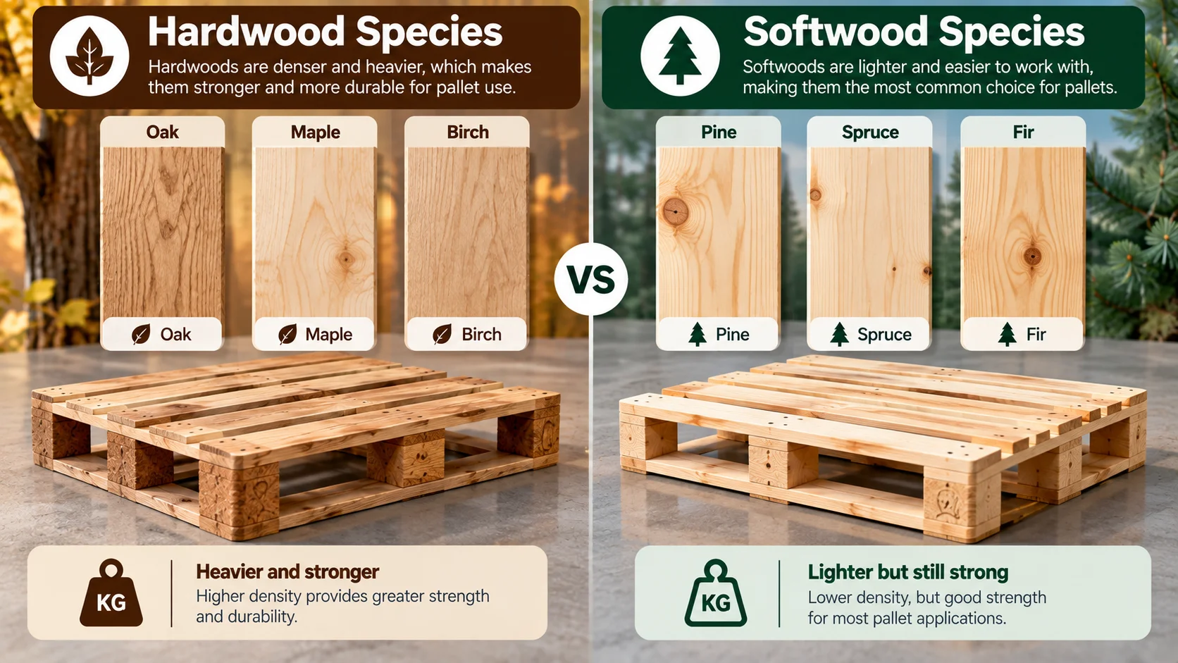 The two wood families used for pallets, with hardwood species on one side and softwood species on the other