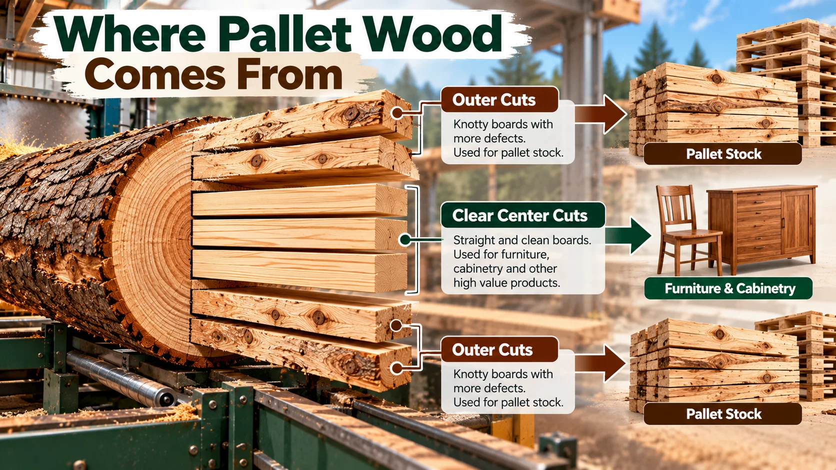 A sawmill diagram showing how the clear center cuts of a log become furniture while the knotty outer cuts become pallet stock